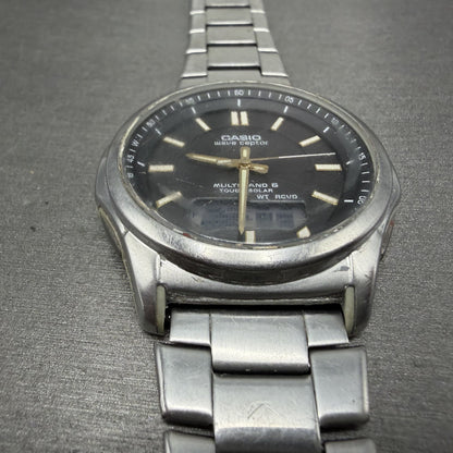 Casio Wave Ceptor  Watch Men 42mm Black Dial Steel Analog Digital Solar READ!!!!2