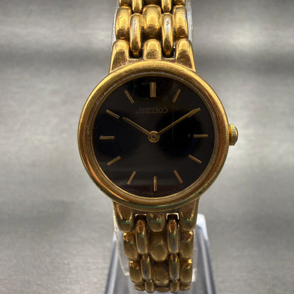 Seiko Watch Women 24mm Black Dial Gold Tone Round V700-6389 New Battery0