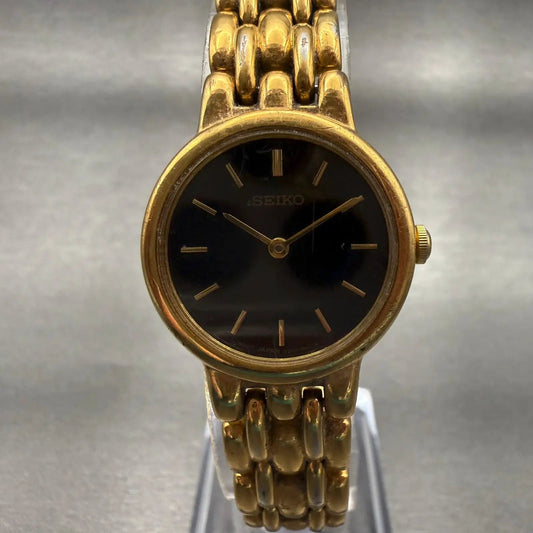 Seiko Watch Women 24mm Black Dial Gold Tone Round V700-6389 New Battery0