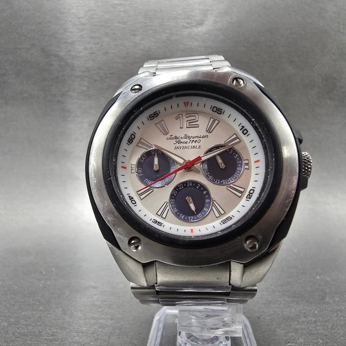 Jules Jurgenson Invincible Watch Men 44mm White Dial Silver Tone Round New Batt5