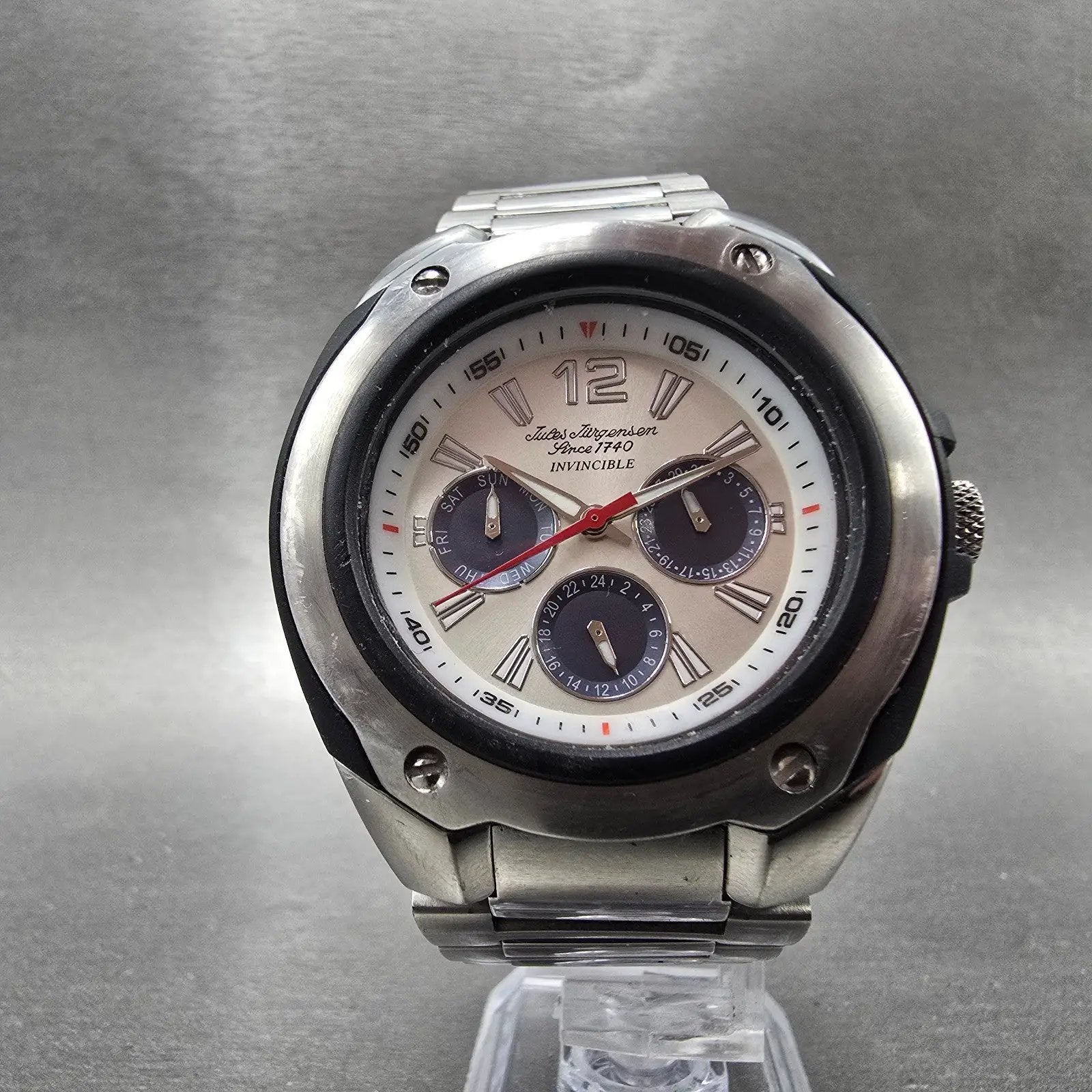 Jules Jurgenson Invincible Watch Men 44mm White Dial Silver Tone Round New Batt5