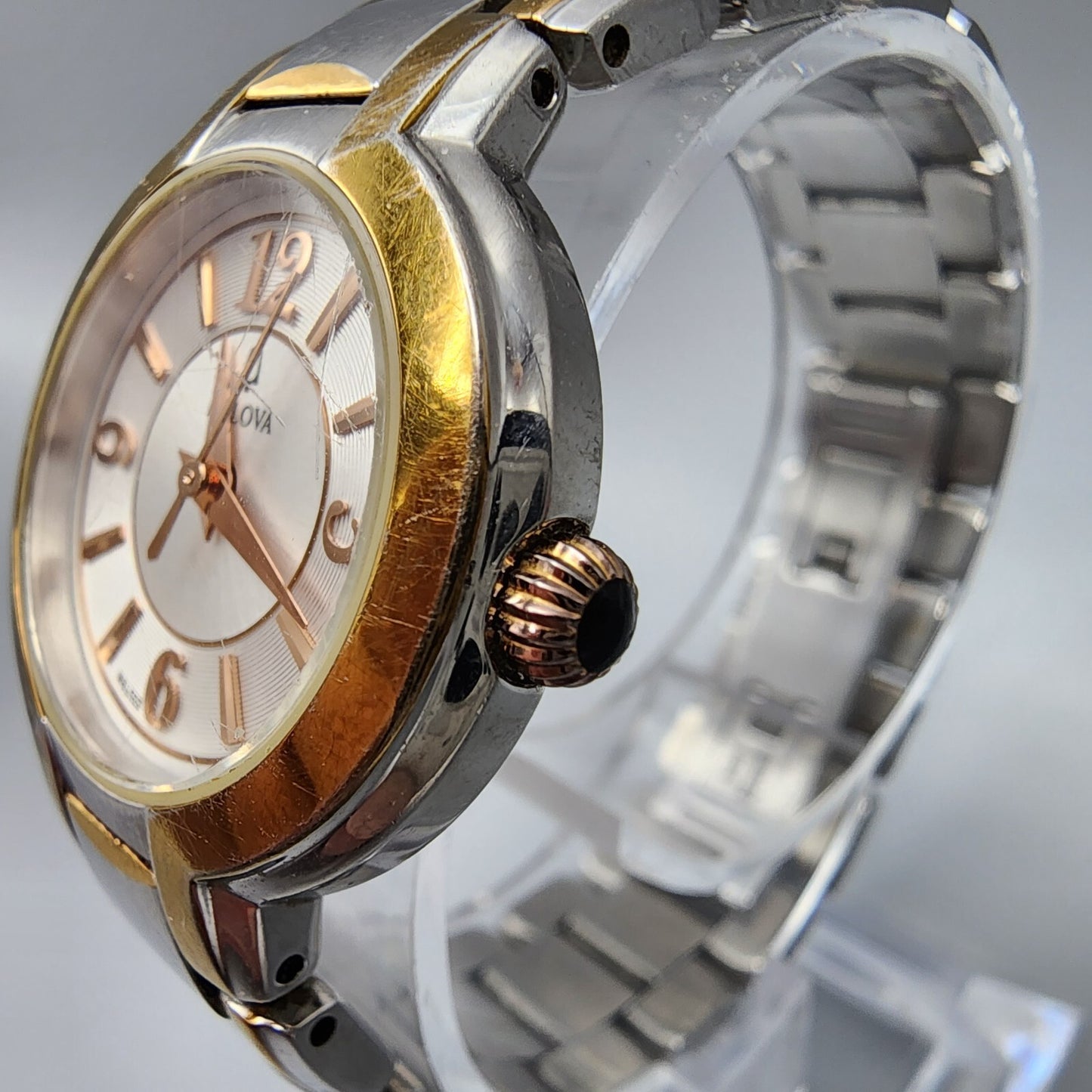 Bulova Watch Women Two Tone Silver Dial 27mm Round 98L153 New Battery 6"