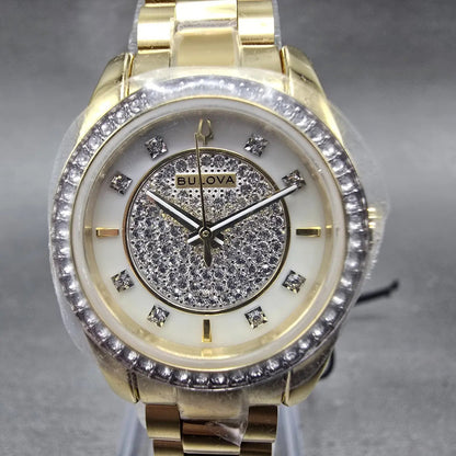 Bulova Watch Women 24mm MOP Dial Gold Tone Round Crystal Bezel 98L315 New batt1