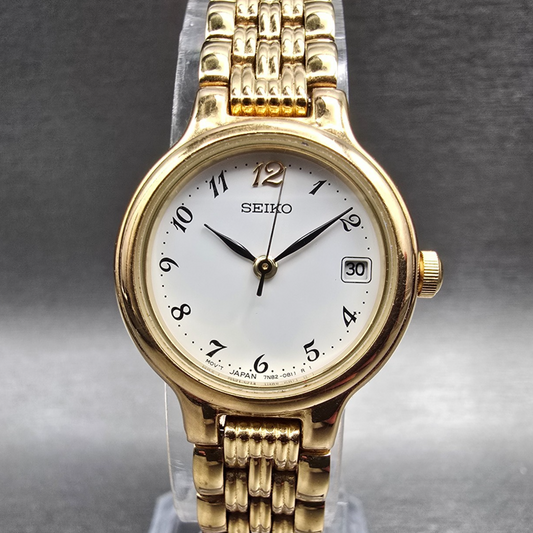 Seiko Watch Women 23mm White Dial Gold Tone Date Round 7N82-0228 New Battery JP50