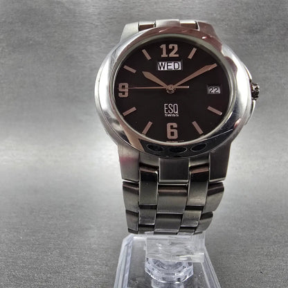 ESQ Watch Men 36mm Black Dial Silver Tone Daydate Round E5312 New Battery Swiss5