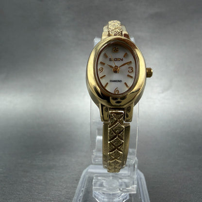 Elgin Watch Women 18mm MOP Dial Gold Tone Oval EG8074 Diamond New Battery ABC5