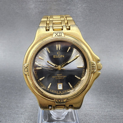 Elgin Watch Men 38mm Black Dial Gold Tone Date Round FCM004-017 New Battery