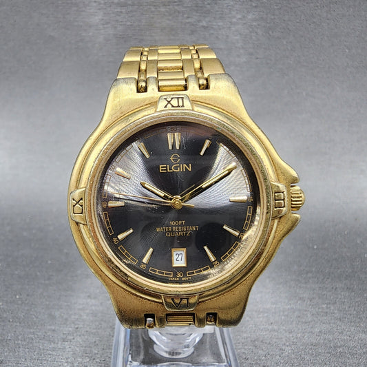 Elgin Watch Men 38mm Black Dial Gold Tone Date Round FCM004-017 New Battery