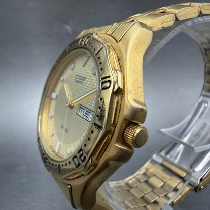 Citizen Watch Men 37mm Champagne Dial Gold Tone Daydate Round New Battery VTG2
