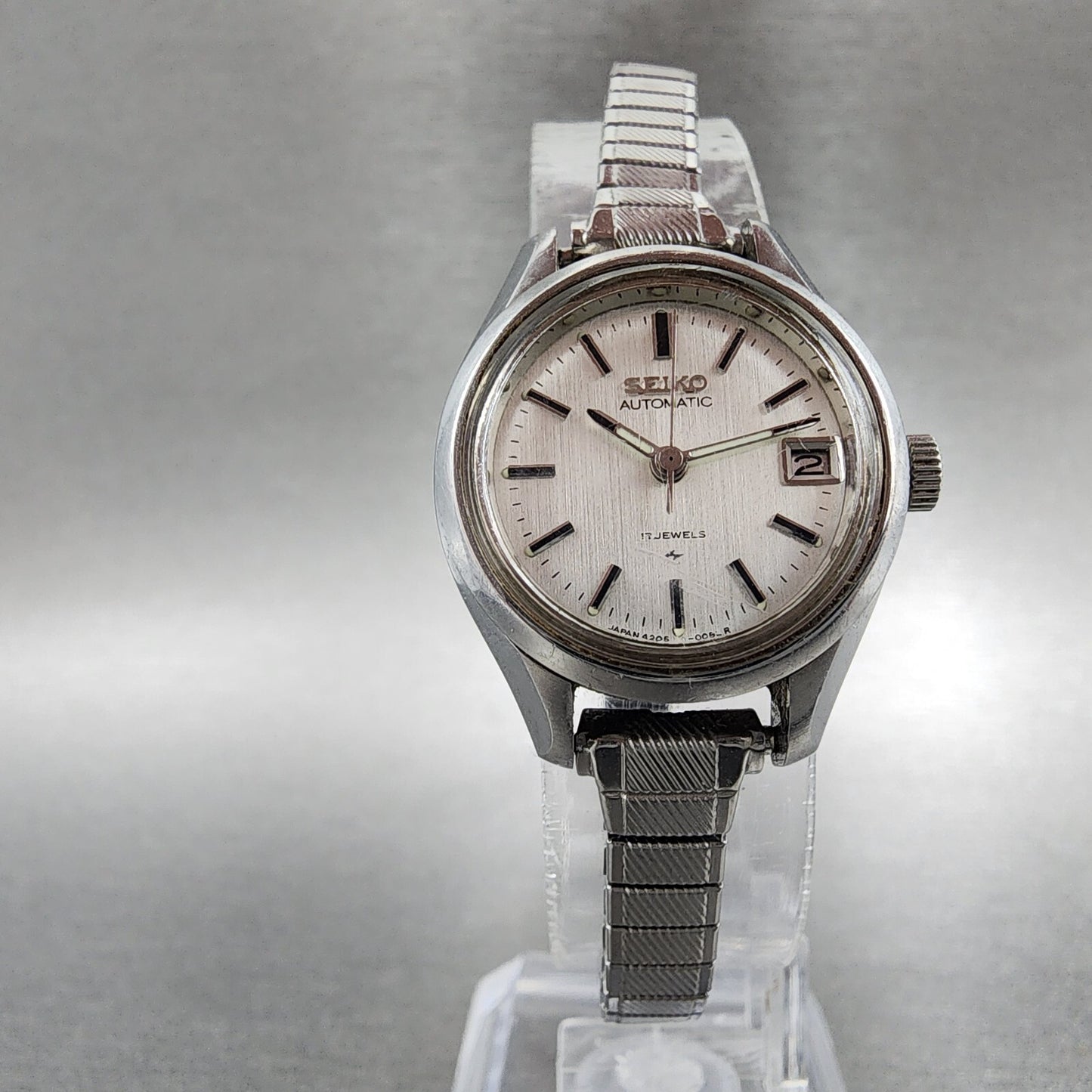 Seiko Automatic Watch Women 23mm White Dial Steel Date Round 42050040 READ!!!!!5