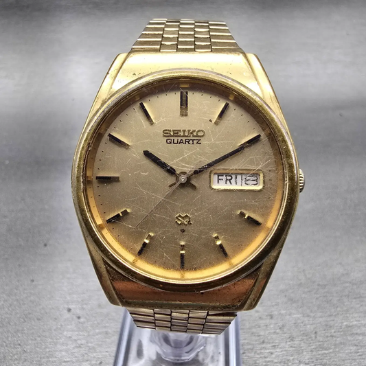 Seiko SQ Watch Men 35mm Gold Dial Gold Tone Daydate Round 7546-8329 New BatteryP0