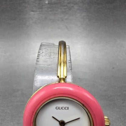Gucci 11/12.2 Watch Women 26mm White Dial Gold Tone Round New Battery Pink Bezel4