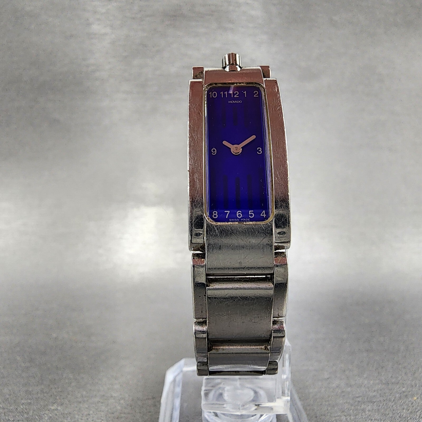 Movado Elliptica Tank Watch Women 15mm Blue Dial Stainless Steel Rectangle Runs5