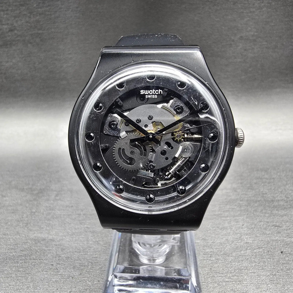 Swatch Silver Glam Watch Men 41mm Skeleton Dial Black Case SO29B109 New Battery1