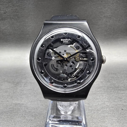 Swatch Silver Glam Watch Men 41mm Skeleton Dial Black Case SO29B109 New Battery1