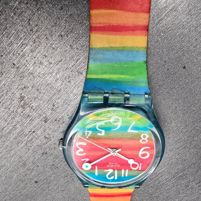 Swatch Color the Sky Watch Women 34mm Red Dial Blue Case Round GS124 New Battery7
