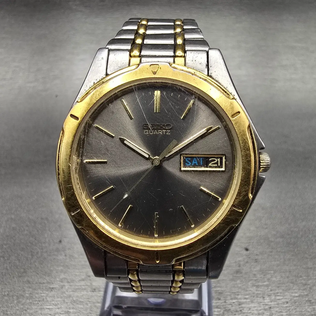 Seiko Watch Men 36mm Gray Dial Two Tone Daydate Round 7N43-6A09 New Battery VTG0