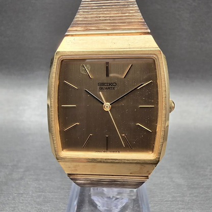 Seiko Watch Men 30mm Gold Dial Gold Tone Rectangle 7810-5089 New Battery Vintage0