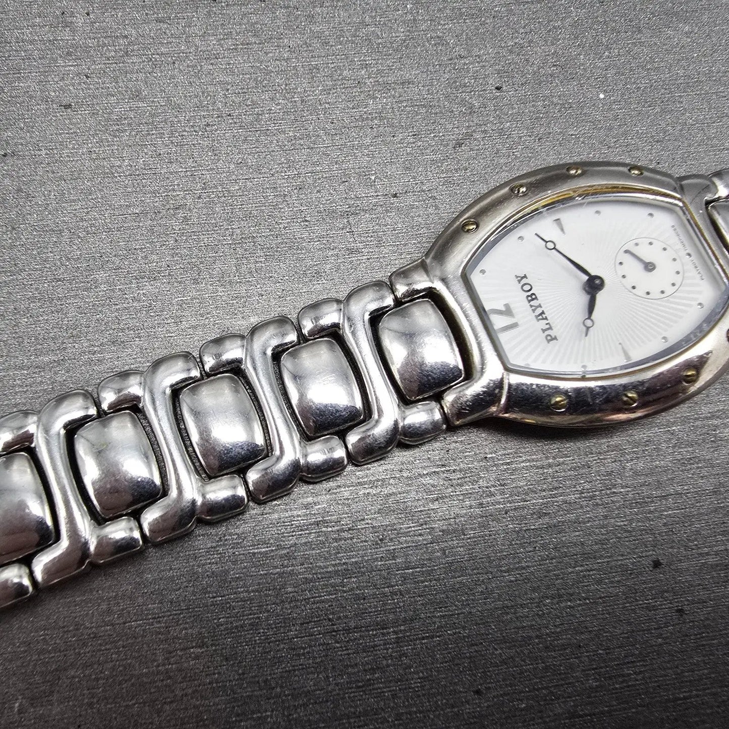 Playboy Watch Men 29mm White Dial Silver Tone Oval New battery MISSING CLASP!!!6