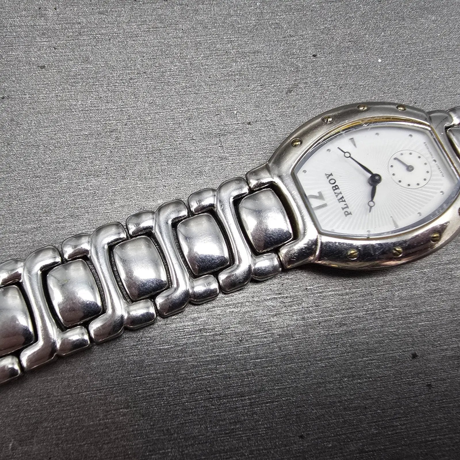 Playboy Watch Men 29mm White Dial Silver Tone Oval New battery MISSING CLASP!!!6