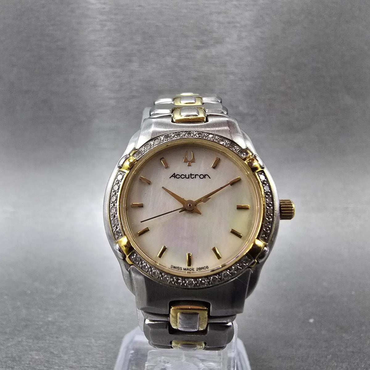 Bulova Accutron Watch Women 26mm MOP Dial Two Tone Diamonds New Batt 28R065