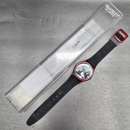 Swatch Hot Rap Watch Men 34mm Black Dial Red Case GR113 New Battery NOS13
