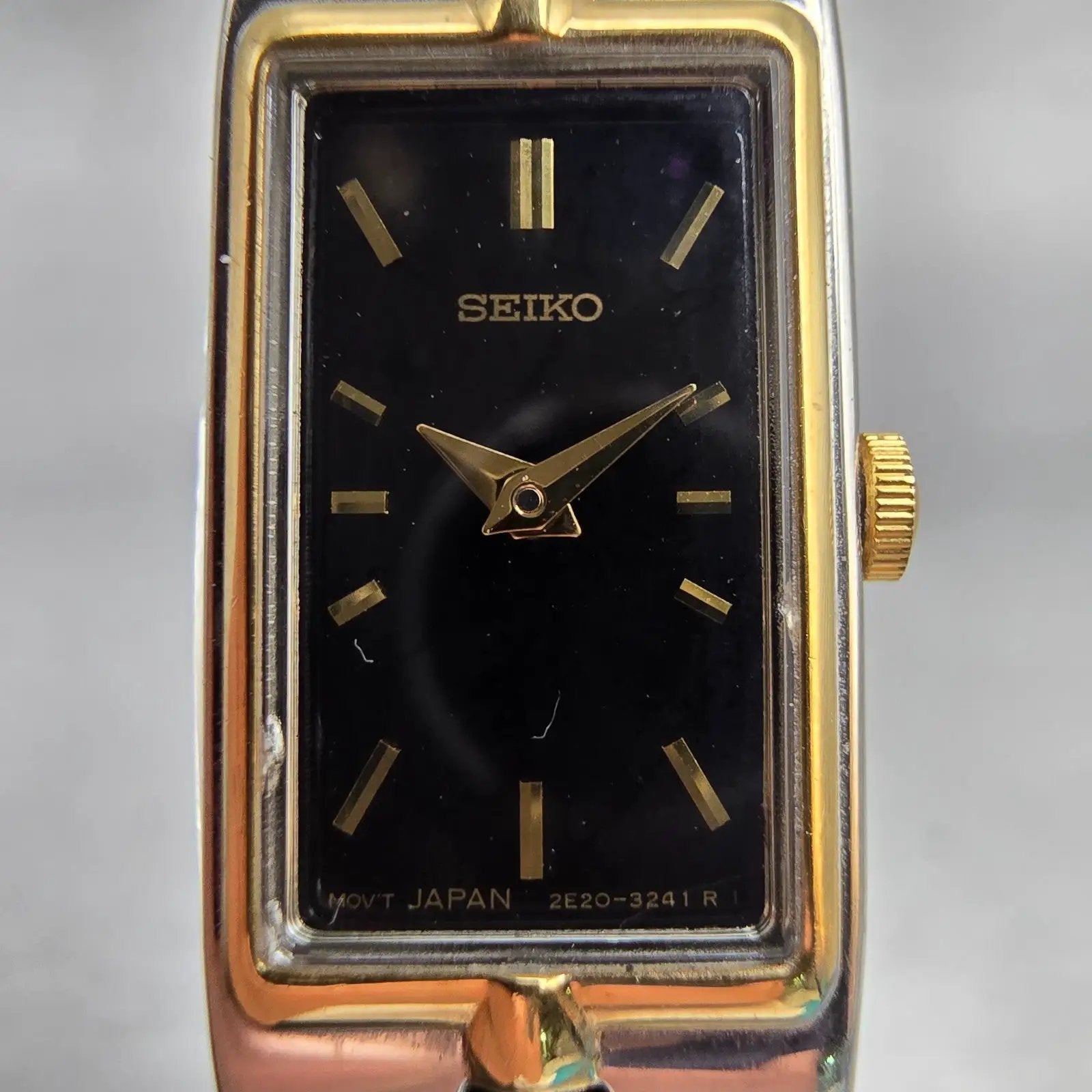 Seiko Watch Women 13mm Black Dial Two Tone Rectangle 2E20-7479 New Battery VTG1