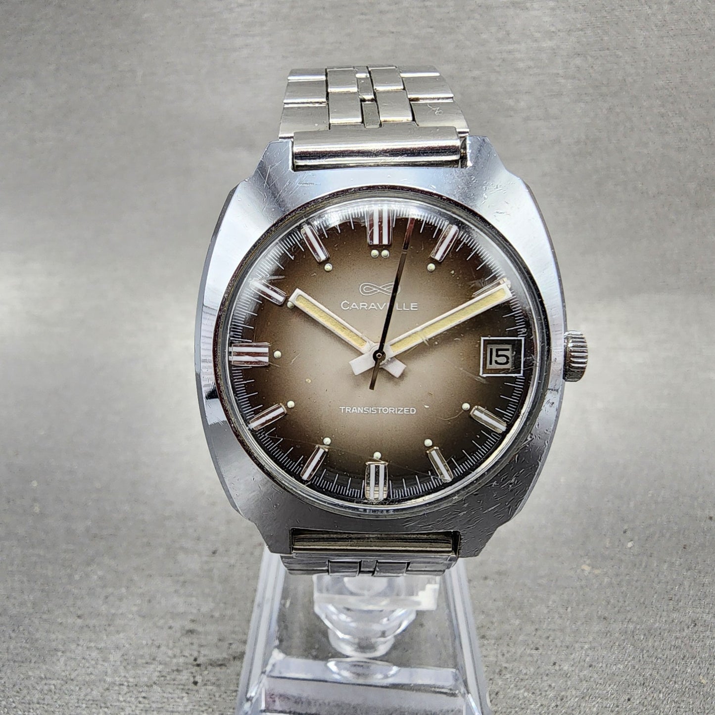 Bulova Caravelle Transistorized Watch Men 34mm Gray Dial Silver Tone Date Runs0