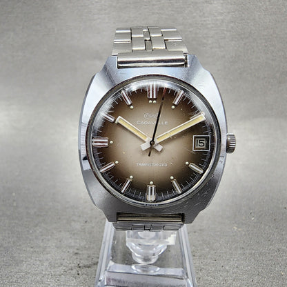 Bulova Caravelle Transistorized Watch Men 34mm Gray Dial Silver Tone Date Runs0