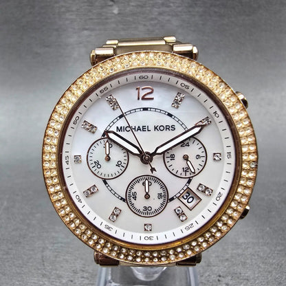 Michale Kors Parker Chronograph Watch Women 39mm MOP Dial Rose Gold Tone NewBat0