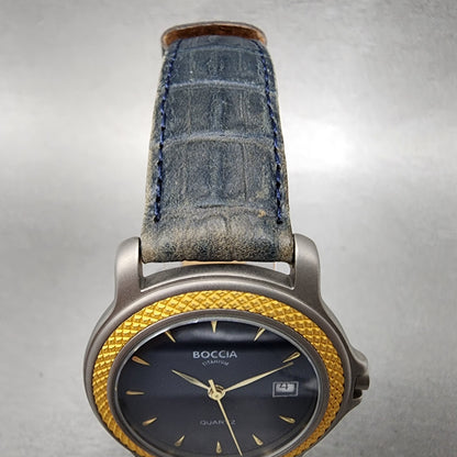 Boccia Titanium Watch Men 36mm Blue Dial Two Tone Leather Band Round New Battery