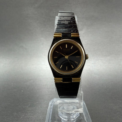 Seiko Watch Women 20mm Black Dial Black & Gold Tone Round 7321-0249 New Battery5