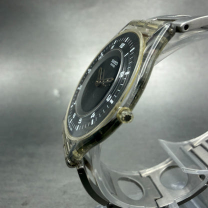 Swatch Skin Simple Like Watch Unisex 34mm Gray Dial Clear Case Round New Battery2