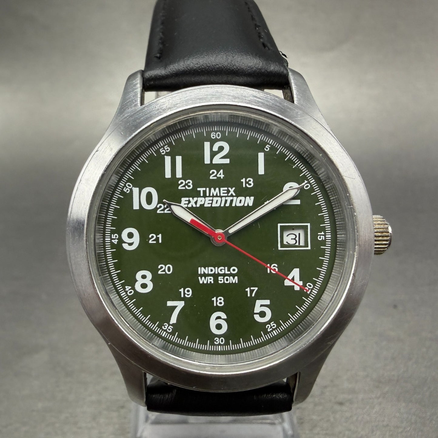 Timex Expedition Watch men 37mm Green Dial Silver Tone Date Round New Battery0