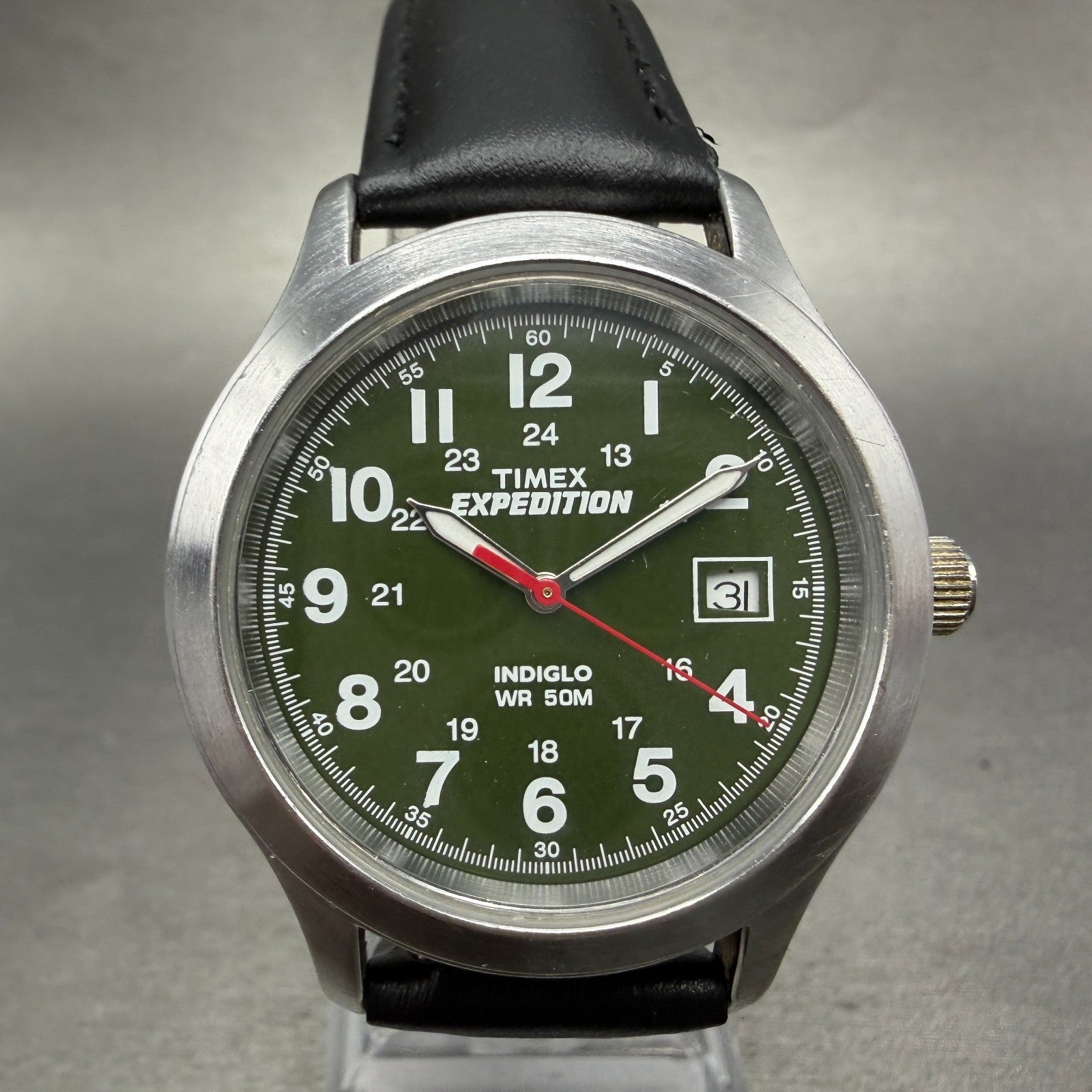 Timex Expedition Watch men 37mm Green Dial Silver Tone Date Round New Battery0