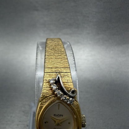 Elgin Watch Women 14mm Silver Dial Gold Tone Oval Diamond Accents New Battery4