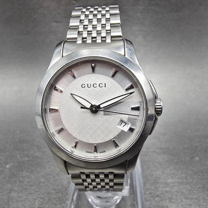 Gucci Watch Women Silver Dial Stainless Steel Date Round 126.5 New Battery0