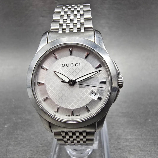 Gucci Watch Women Silver Dial Stainless Steel Date Round 126.5 New Battery0