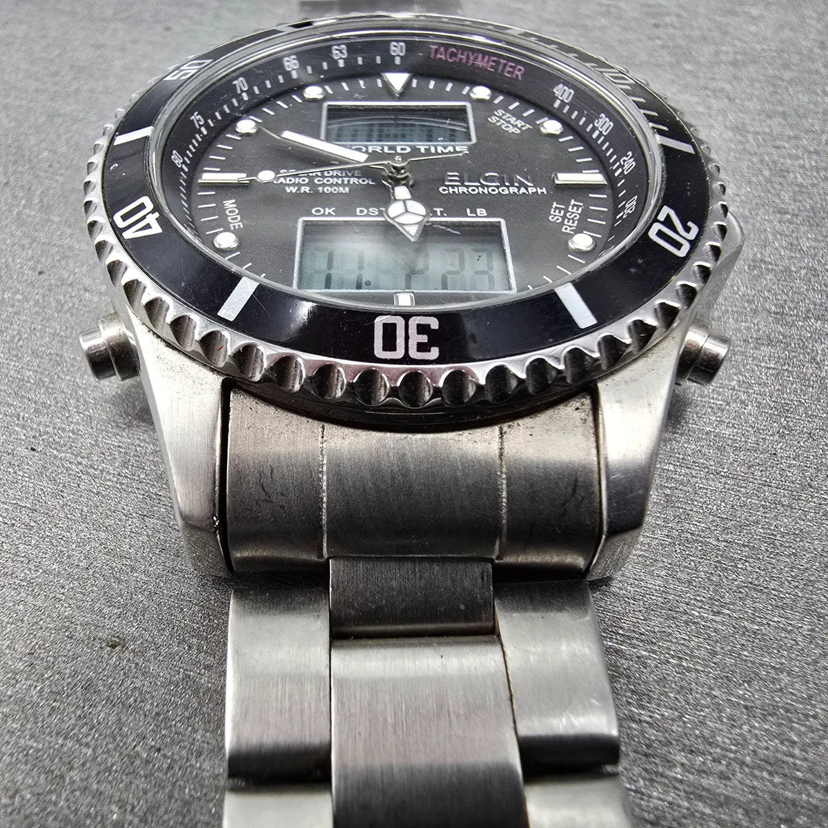 Elgin Dive Watch Men 42mm Black Dial Steel Atomic Solar Analog Digital Runs READ7