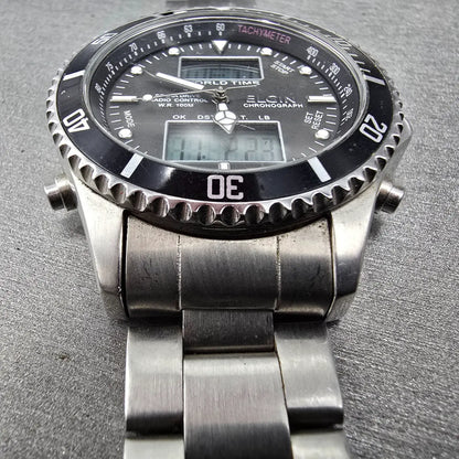Elgin Dive Watch Men 42mm Black Dial Steel Atomic Solar Analog Digital Runs READ7