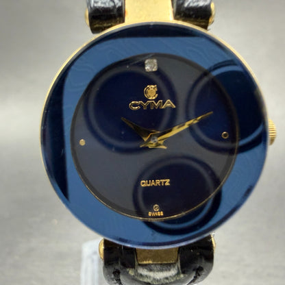 Cyma Watch Women 24mm Blue Dial Gold Tone Round 906 W/Box  New Battery1