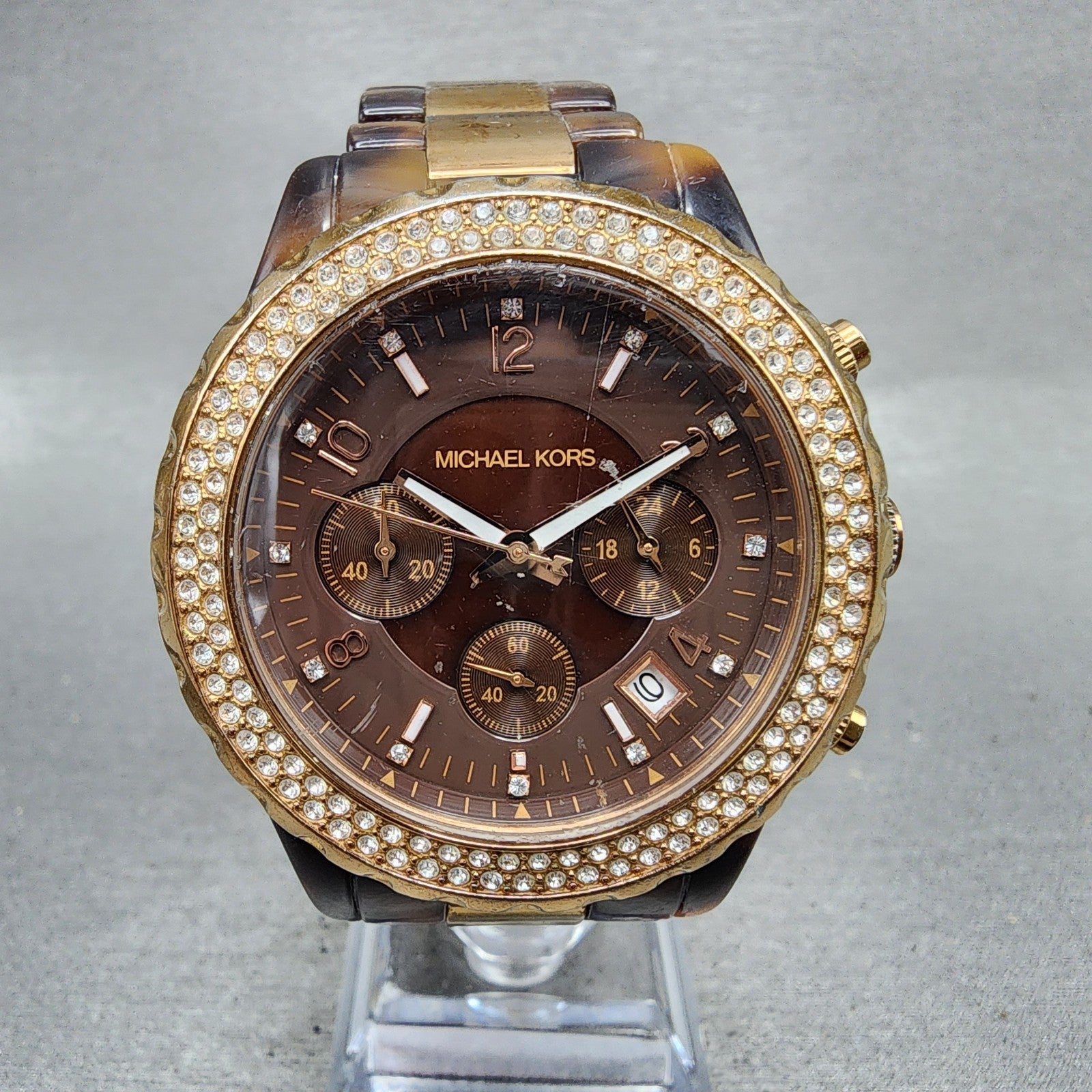 Michael kors Madison Watch Women 42mm Brown Dial Two Tone Date Chrono New Batt0