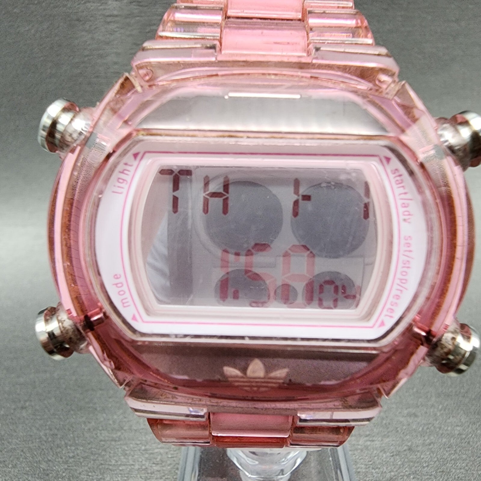 Adidas Digital Watch Women 44mm LCD Display Pink Clear Case Oval New Battery1