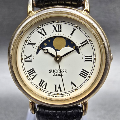 Seiko Alba Moon Phase Watch Women 25mm Ivory Dial Gold Tone V891-0050 New Batt1
