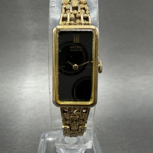 Seiko Tank Watch Women 13mm Black Dial Gold Tone Rectangle 13205249 New Battery0
