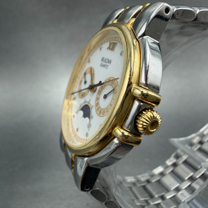 Bulova Moon Phase Watch Men 35mm White Dial Two Tone Daydate 90D07 New Battery2