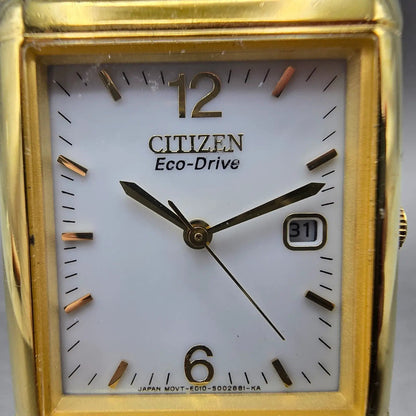 Citizen Eco-Drive Tank Watch Men 25mm White Dial Gold Rectangle Date Runs Jp1