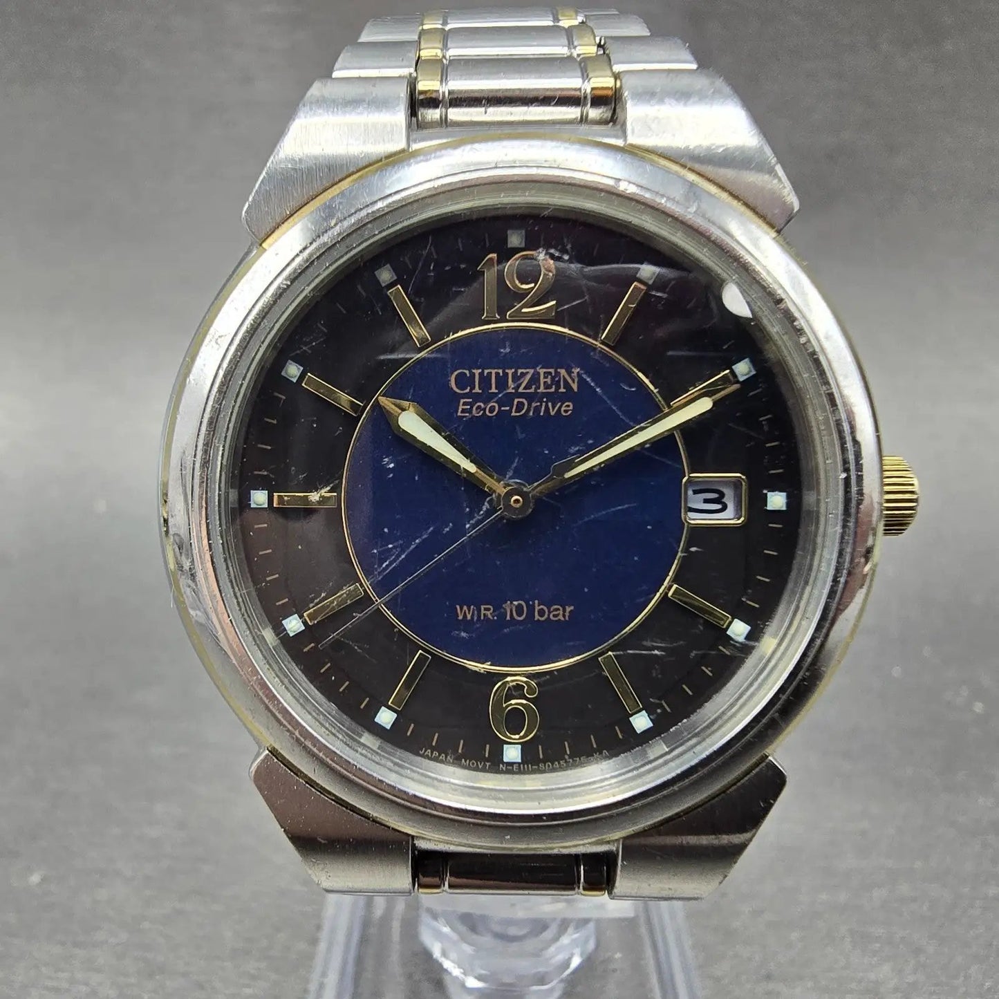 Citizen Eco-Drive Watch Men 36mm Blue Dial Two Tone Date E111-S027179 Runs0