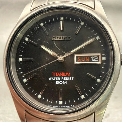Seiko Titanium Watch Men 36mm Black Dial Gray Daydate Round 7N43-9050 New Batt1