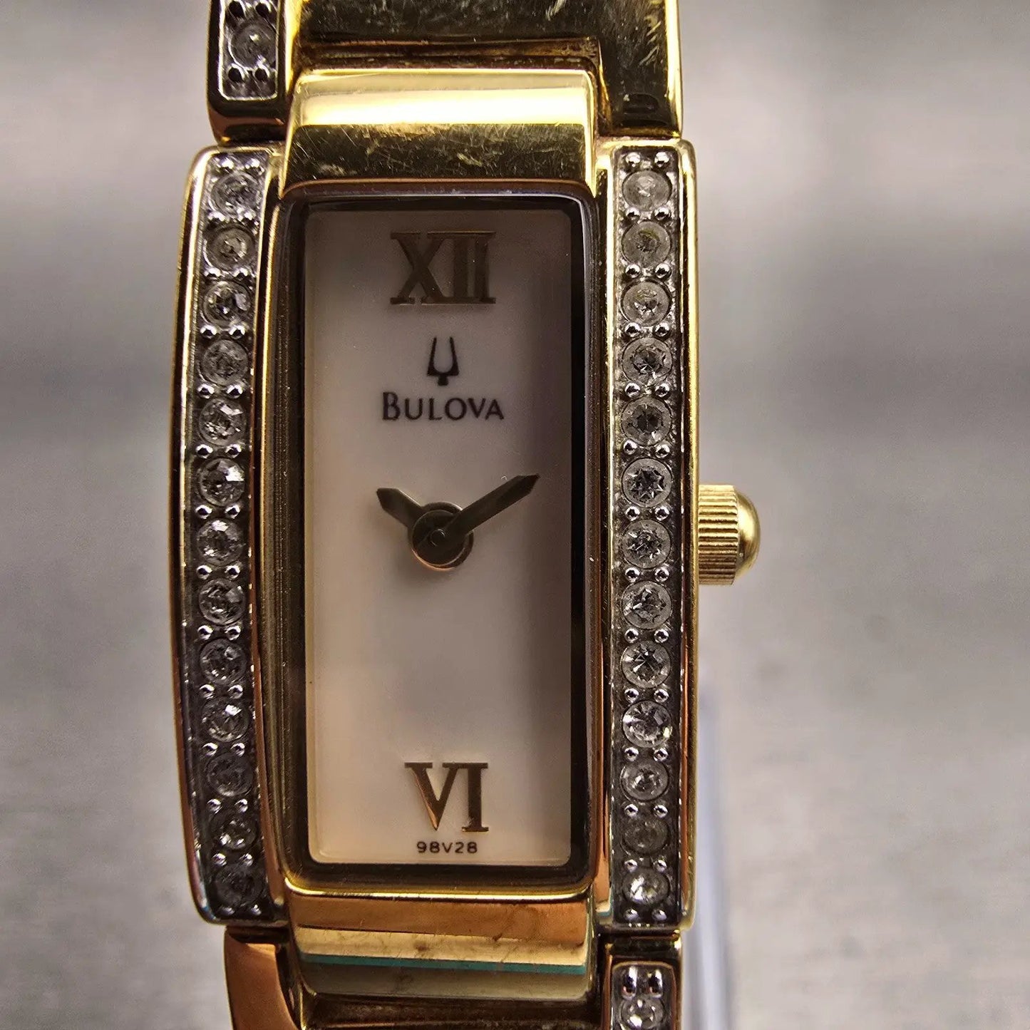 Bulova Watch Women 14mm MOP Dial Gold Tone Gemmed Rectangle 98V28 New Battery1